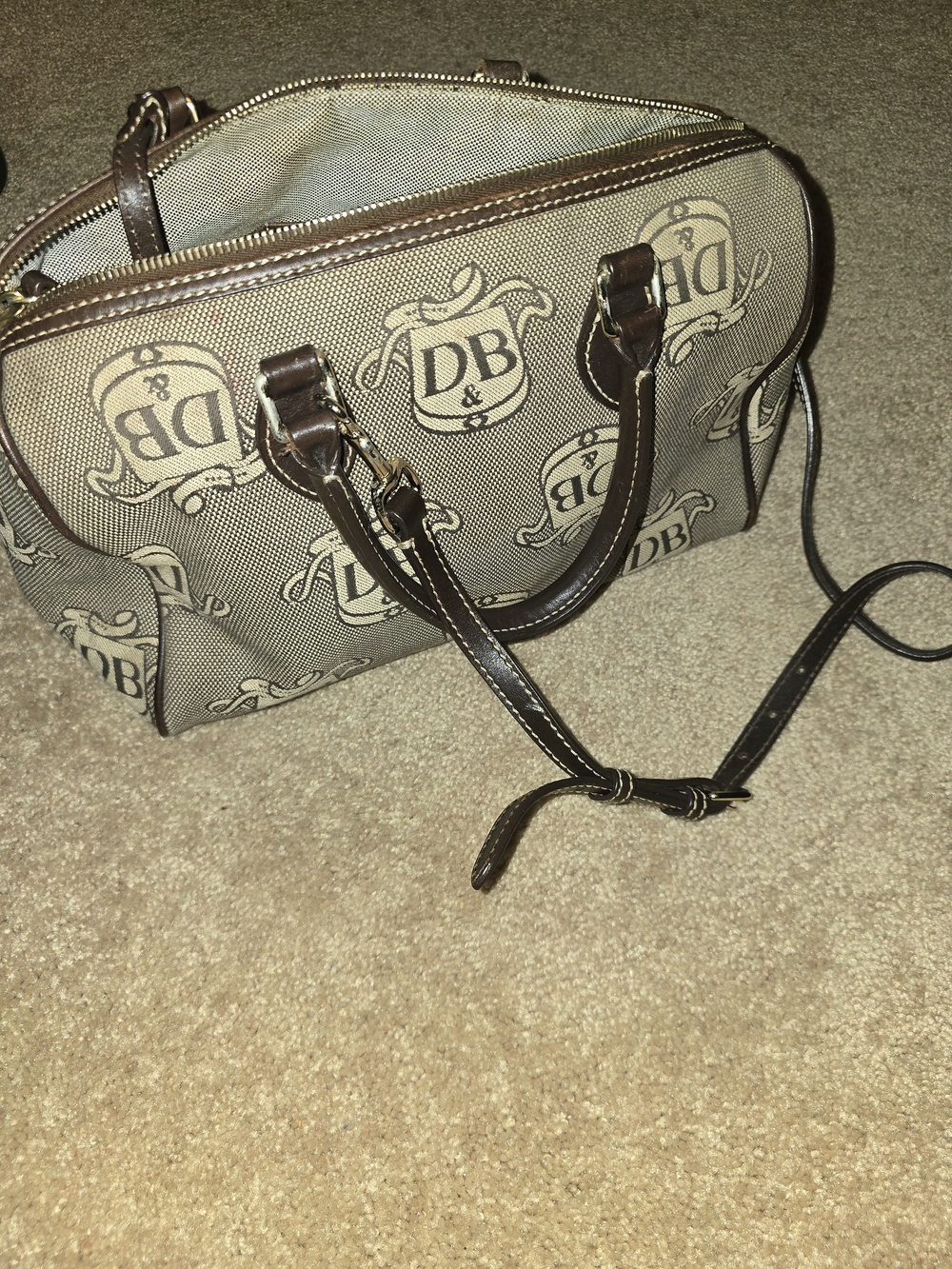 Dooney & Bourke Taupe and Brown Logo Satchel